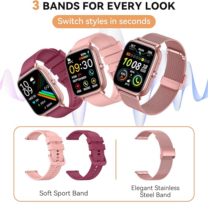 Smart Watch for Women Men- 1000mAh Battery Answer/Make Call, Fitness Step Tracker Watch with Sleep Monitor/Activity Counter/110+ Sport Mode for Andriod iPhone iOS Compatible - 3 Straps, Pink