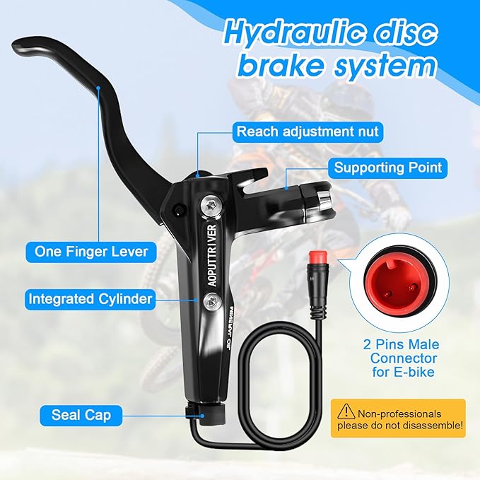4 Pistons E-Bike Electric Power-Off Hydraulic Disc Brake Set for 2-PIN, 610NM Dry Braking Force, Aluminum Alloy Brake Lever with 180mm Rotors for Mountain Bike, Road Bike