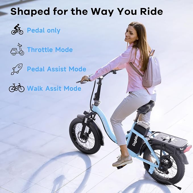 Folding Electric Bike for Adults with Peak 1000W Motor, 48V 20AH Battery up to 30MPH 80 Miles, 20" Fat Tire All Terrain Ebike, 7-Speed Commuter E Bike Blue with Safety Seat, Step-Thru, UL Certified