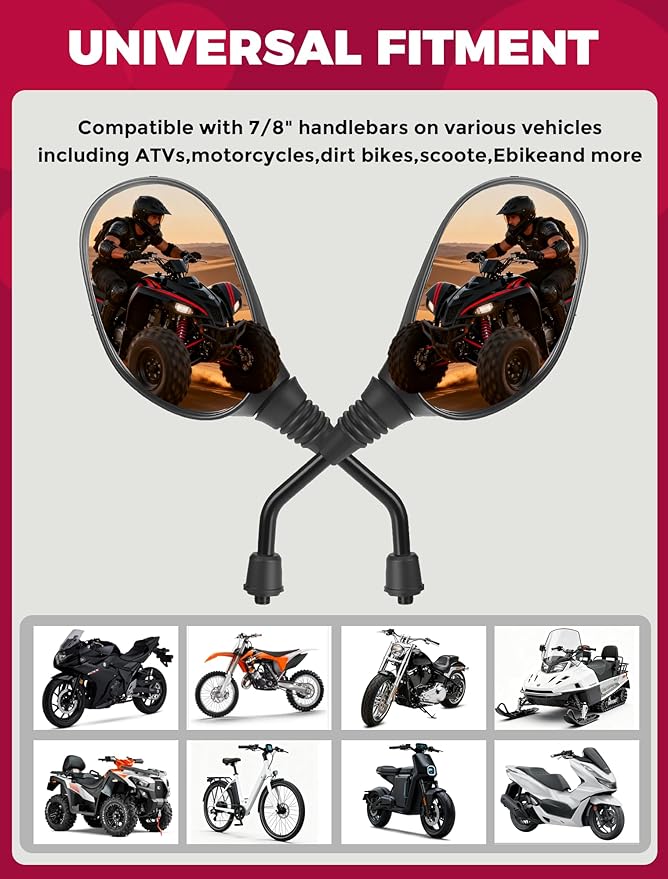 ATV Motorcycle Rear View Mirrors for Polaris Sportsman Honda Foreman Yamaha Big Bear Arctic Cat Suzuki Quadsport CFmoto Cforce 8mm/10mm Adapter 7/8" Handlebar Mount for Quads GY6 Scooters Mopeds