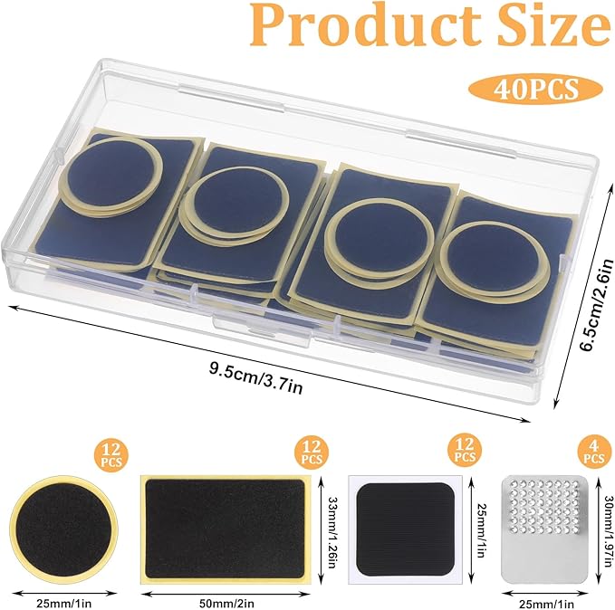 40 Pcs Bicycle Tire Repair Kit Glueless Bike Tube Patche Includes 36Pcs Self Adhesive Round Square Rectangle Patches and 4Pcs Metal Rasps with Box for Road Mountain Bikes Cycling