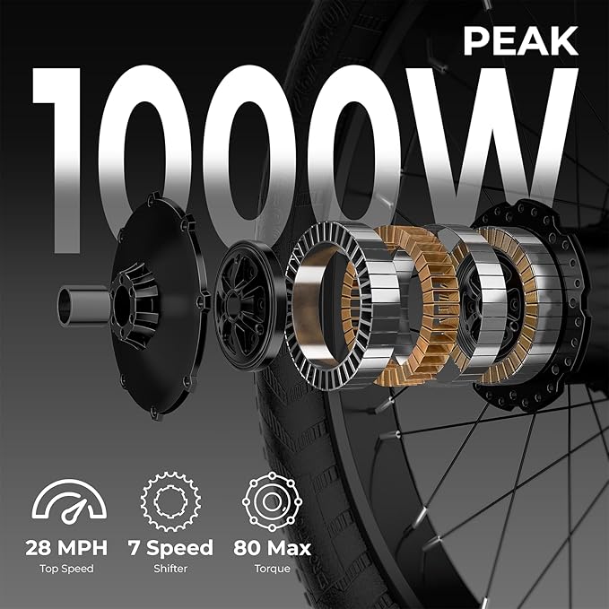 ANCHEER 26" Electric Bike for Adults, 1000W Peak Motor, 28MPH Speed, 60 Miles, 48V 15Ah Removable Battery, Fat Tire Electric Bike Off-Road EBike for Men & Women, UL2849 Compliant, 7 Speed, RoverL/H