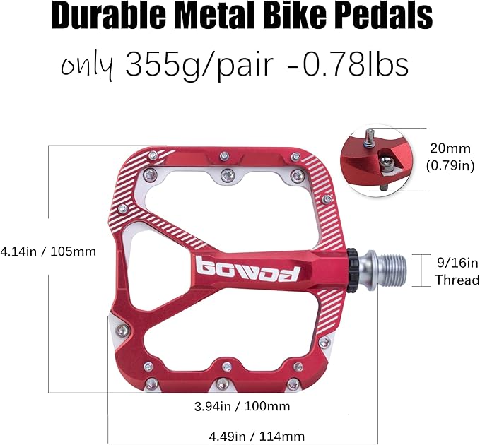 Bike Pedals Mountain Bike Adult, Light MTB Flat Pedals Grippy w 20pcs Non-Slip Studs, Glass Fiber Nylon Composite Platform Pedals w Cr-Mo Axel, 9/16" BMX Road Cruiser Gravel Bicycle Pedals