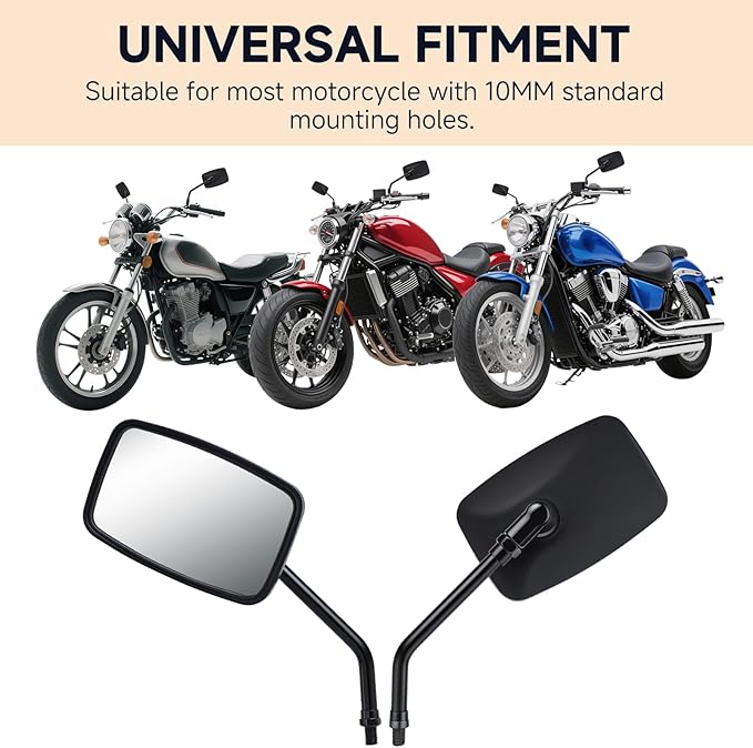 Universal Motorcycle Mirrors - M10 Black Rectangle Handlebar Rearview Mirrors Compatible with Honda Shadow MSX125 Kawasaki Vulcan Z900 Suzuki SV650 Volusia