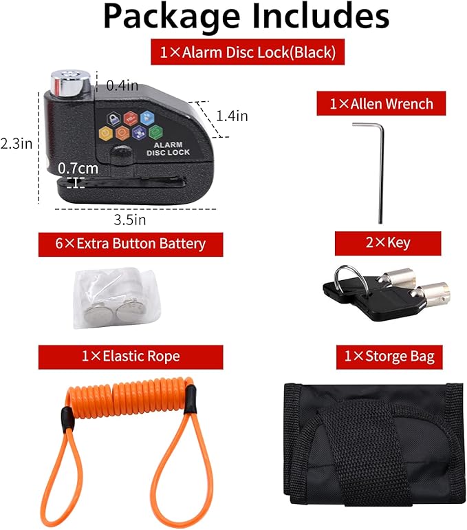 Alarm Disc Lock Set, Brake Lock, Anti-Theft Waterproof 110 dB 7mm Pin 5ft Reminder Cable for Motorcycles Bike Scooter Carry Pouch (1pcs Black)