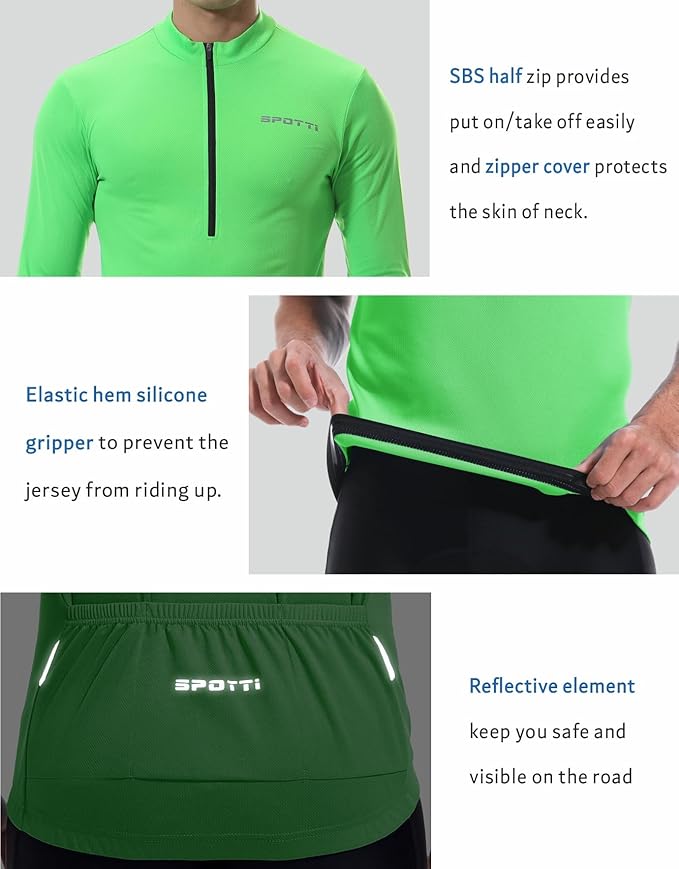 Spotti Men's Cycling Bike Jersey Long Sleeve with 3 Rear Pockets - Moisture Wicking, Breathable, Quick Dry Biking Shirt