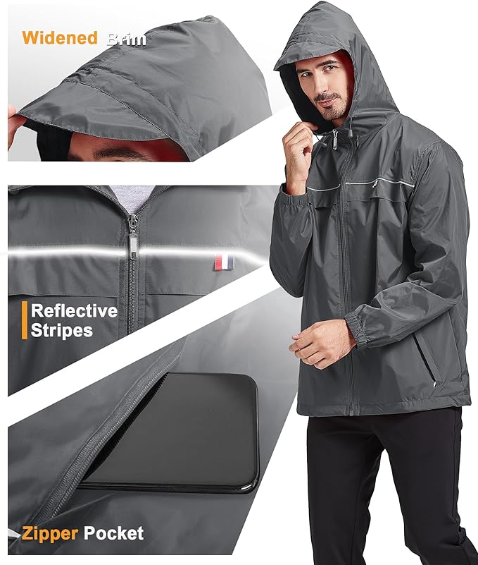 GEEK LIGHTING Rain Jacket Men Lightweight Waterproof Jackets Packable Windbreaker Hooded Raincoat for Golf Cycling Outdoor