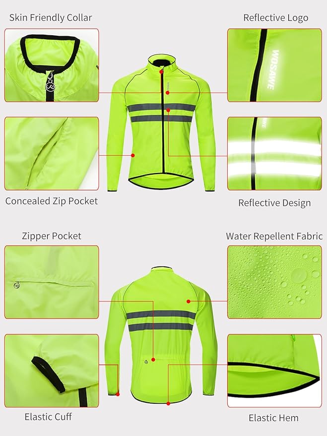 WOSAWE Men's High Visibility Cycling Wind Jacket Water Resistance Reflective Windbreaker