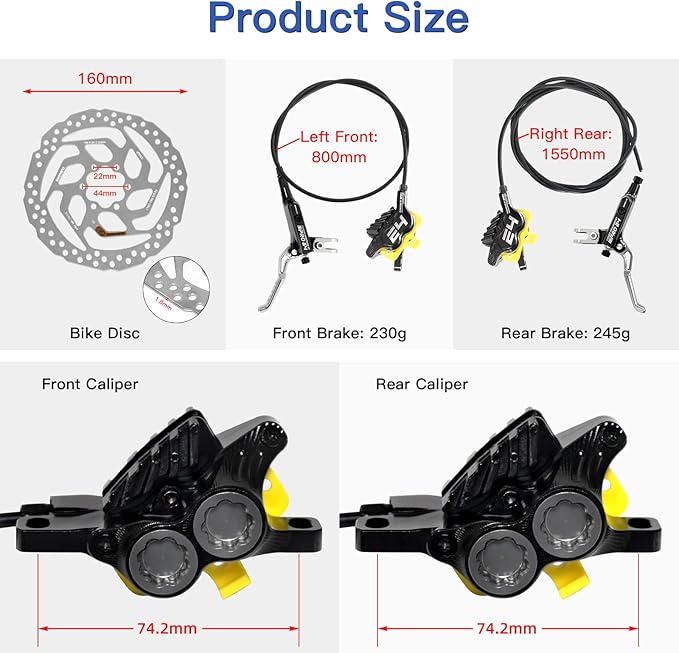 IIIPRO MTB 4 Pistons Hydraulic Disc Brake Set Left Front 800mm Right Rear 1550mm with 160mm Rotors, Mountain Bike Bicycle Disc Brake Kit with Ceramic Brake Pad for eBike, Road Bike, Fat Bike