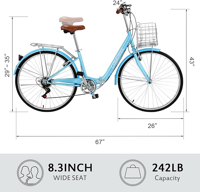Foldable Cruiser Bike 7-Speed Cruiser Bike 26Inch Women Bicycle with Ergonomic Upright Frame, Effortless 7-Speed Shifting and Lightweight Design for Adult Men and Women