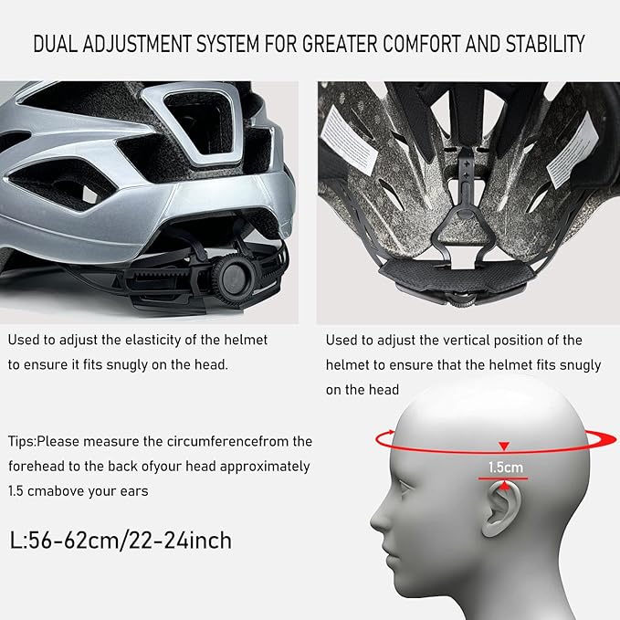 Bike Helmet for Adult Men Women with Multi-Mode Rear LED Light, with Suggested Fit 56-62cm, Lightweight with Adjustable Dial, Side and Chin Strap, Carbon Black Shiny Surface