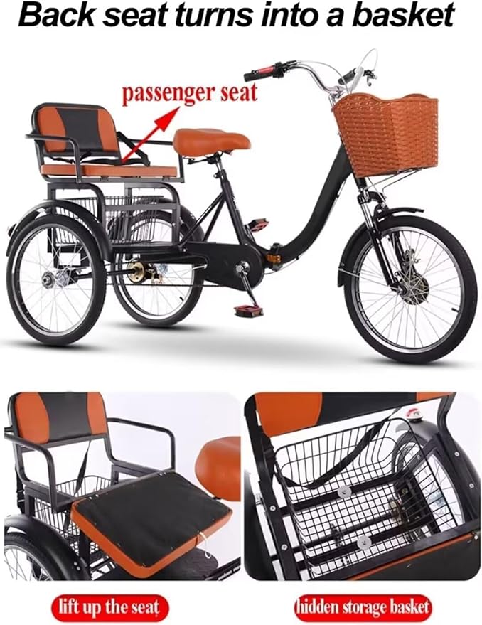 20 inch Folding Tricycle, Outdoor Cruiser Bikes with Passenger seat, 3 Wheel Bike, Large Pedal Tricycles with Inflatable Wheel, Tandem Bicycle, Ride-on trikes for s,Red 20inch