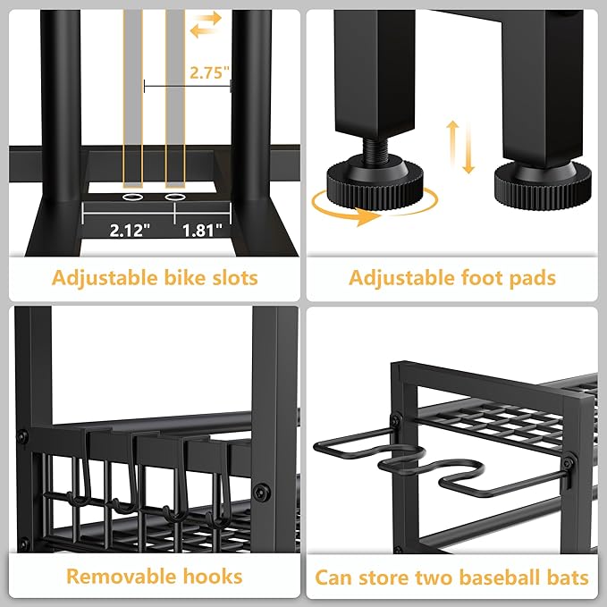 YOHKOH Bike Rack Garage, 4 Bike Stand with 3-Tier Storage Shelves & Side Holder, Heavy-Duty Bicycle Storage Rack for Garage Organizer, Adjustable Slots, 47.2" W x 22" D x 63" H