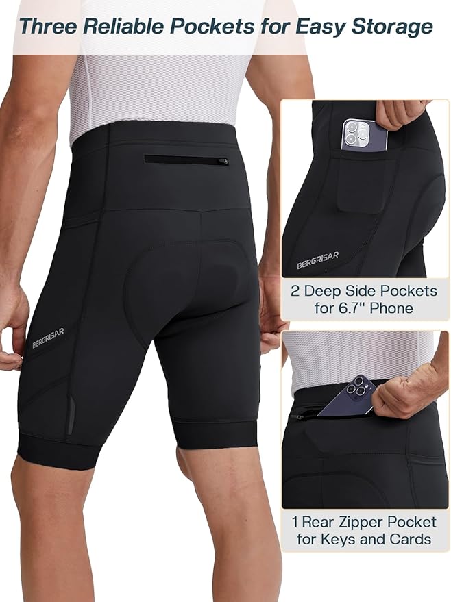 BERGRISAR Men's 4D Padded Bike Shorts Cycling Shorts with Zipper Pocket Biking Bicycle Shorts