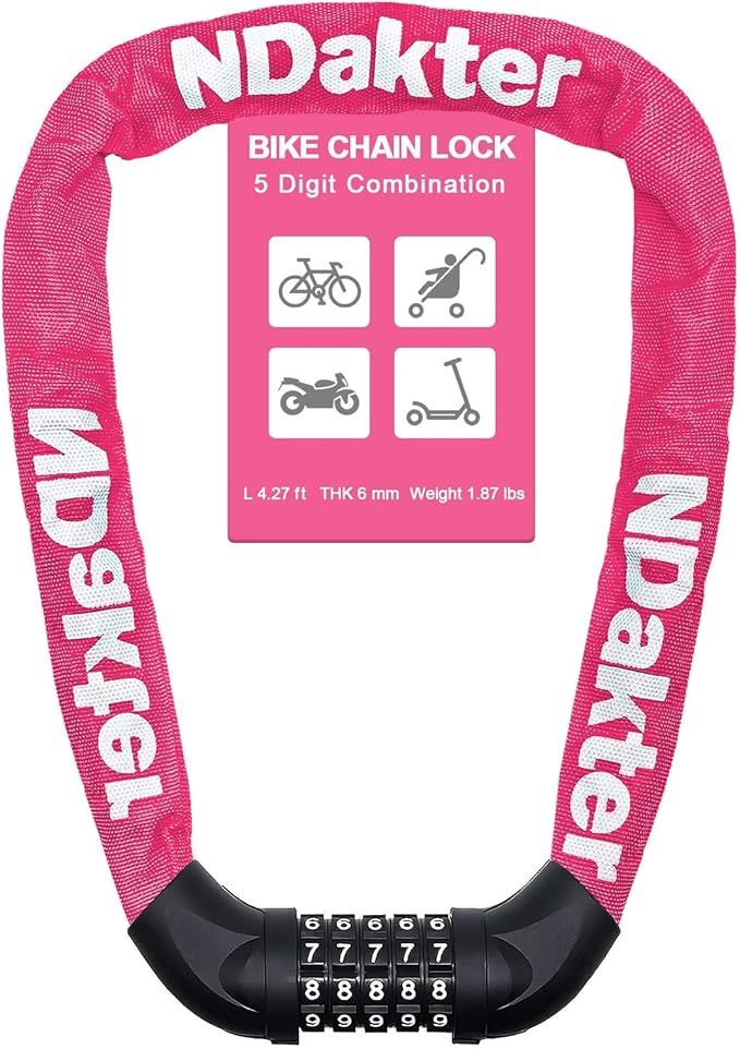 NDakter Bike Lock, 5 Digit Combination Heavy Duty Anti Theft Bicycle Chain Lock, 2.62/3.2/4.27/5/6Ft Long, High Security Resettable, Suitable for Bike, Scooter, Door, Gate, Fence-4/6mm Thick