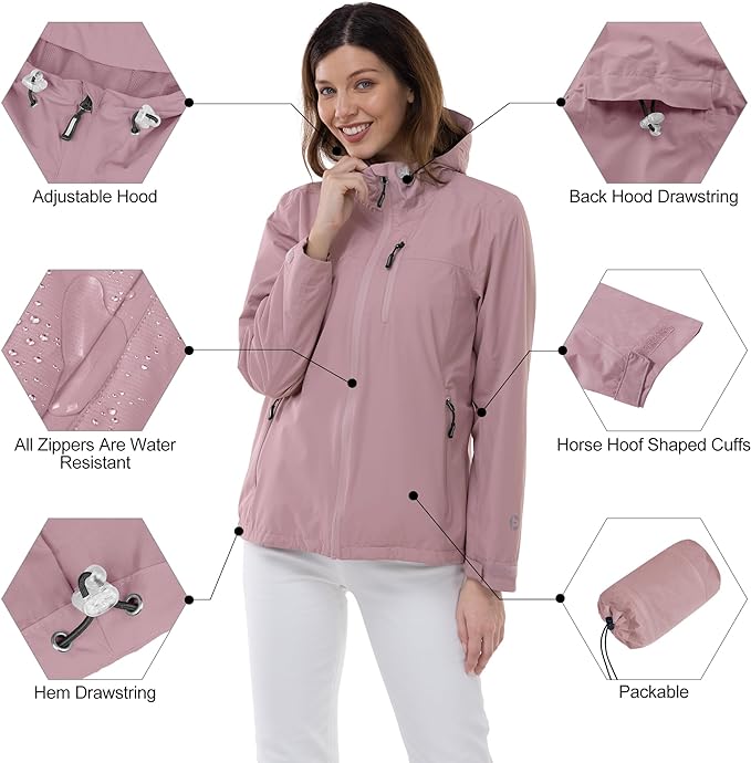 Outdoor Ventures Packable Rain Jacket Women Lightweight Waterproof Raincoat with Hood Cycling Bike Jacket