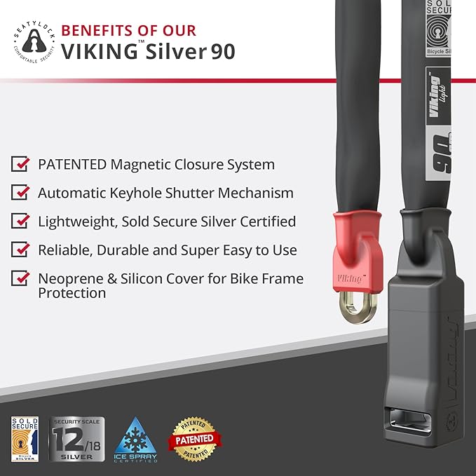 Seatylock Viking Bike Chain Lock with Key - Magnetic Patented Sold Secure Silver Rated - Heavy Duty Anti Theft - Smart Ultra Security Bicycle Lock (35.51 Inch, Silver Rated)