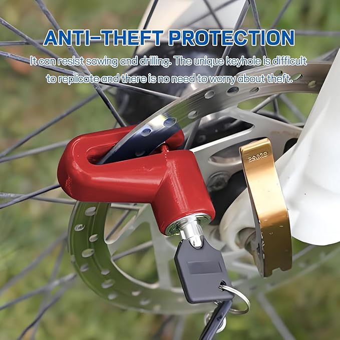 Motorcycle Disc Brake Lock, Anti-Theft Motorbike Security Wheel Disc Brake Lock with Two Keys, Safety Wheel Disk Locks for Scooter Mountain Road Bike Bicycle Powersports (Red with Bracket)