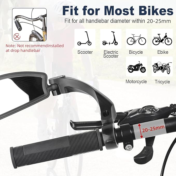 2 Pcs Bike Mirror, Adjustable Bicycle Mirrors for Handlebars with 360° Rotation, Shatterproof Scratch Resistant HD Glass Lens Bike Mirrors, Universal Fit for Mountain Bikes Road E-Bikes