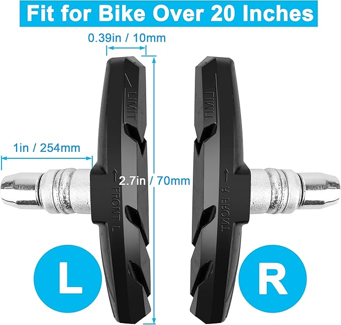 2 Pairs Bike Brakes Pads Set, 70mm for Cruiser MTB Mountain Bicycle Universal V-Brake Blocks with Hex Nut and Shims, No Noise No Skid