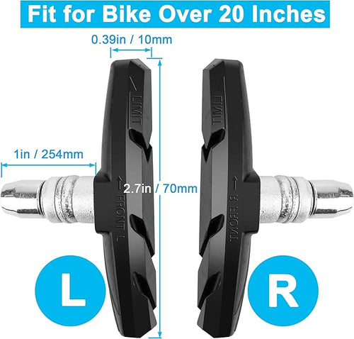 2 Pairs Bike Brakes Pads Set, 70mm for Cruiser MTB Mountain Bicycle Universal V-Brake Blocks with Hex Nut and Shims, No Noise No Skid