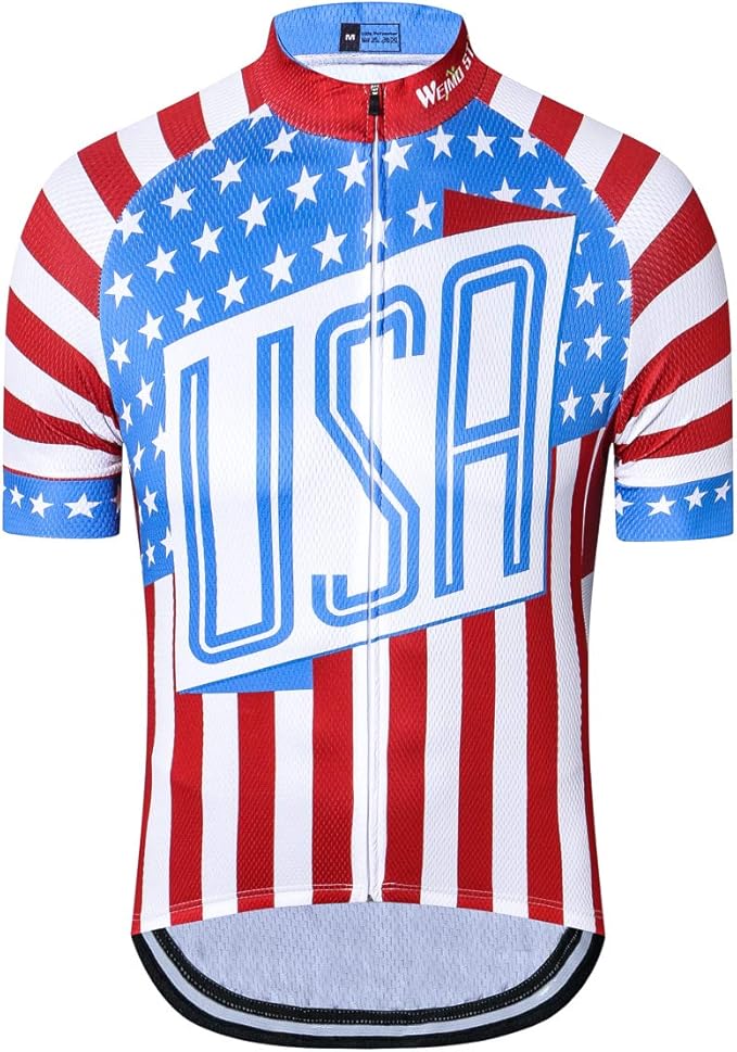 Cycling Jersey Short Sleeve USA Style Bike Tops with Pocket Reflective Stripe