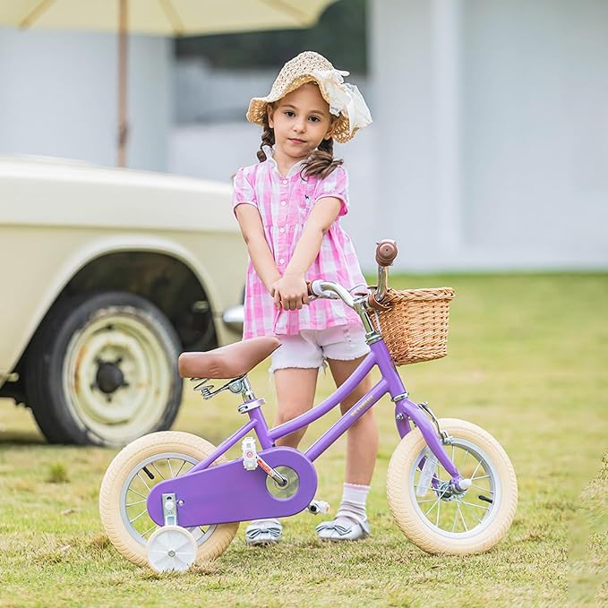 Petimini Vintage Kids Bike for Girls, 12–20 Inch Classic Bicycle with Wicker Basket & Bell, High Tensile Steel Frame, Training Wheels (12–18”), 85% Pre-Assembled, Retro Bike for Outdoor Riding