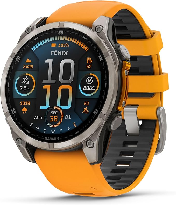 Garmin Fenix 8 Premium Multisport GPS Running Smartwatch, 47 mm | AMOLED, Dive-Rated, Built-in Flashlight | Titanium with Spark Orange/Graphite Band with Signature Series Charging Stand