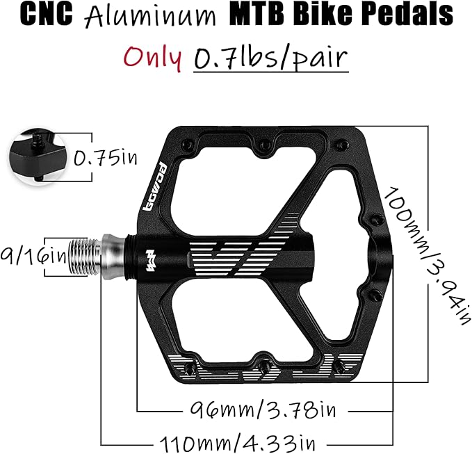 MTB Pedals Flat, Gravel Bike Pedals Flat, Light CNC Aluminum Alloy Platform Pedal w 3 Bearings Cr-Mo Spindle, Grippy Bicycle Pedals w 16pcs Pins, Mountain Bike Pedals Adult Child BMX Bike 9/16"