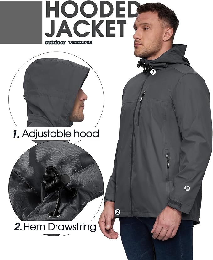Outdoor Ventures Men's Packable Rain Jacket Waterproof Lightweight Raincoat with Hood Windproof Cycling Jackets