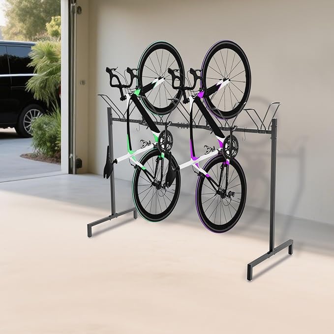 5-Slot Bike Floor Stand, Bicycle Parking Rack with Hooks Non-Skid Foot Pads and Complete Accessories, V-Shaped Brackets Freestanding Metal Bike Storage Organizer Rack 154 LBS Load Capacity