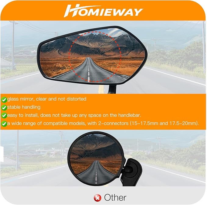 2PCS Bike Mirror for Handlebar, Bar End Bicycle Mirror, Anti-glare HD Glass Lens 360° Adjustable Rear View Mirror for E-bike, Mountain Bike, City Bikes & Scooter (Left&Right 0.59-0.78")