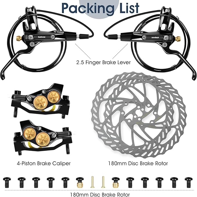 Kethvoz MTB Hydraulic Brakes Set 4 Pistons, Disc Brake Kit Front and Rear, Professional Bike Hydraulic Brakes w/ 180mm Brake Discs Rotor for E-Bike/Electric Bike Mountain Road Bicycle Biking