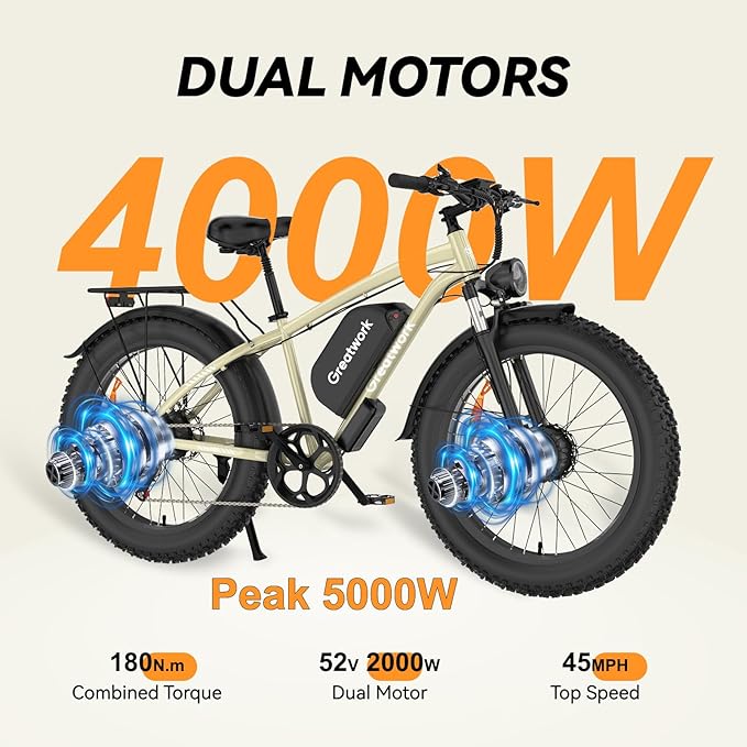 GREATWORK 52V 5000W Peak Dual Motor Electric Bike for Adults, 1300Wh Battery, Up to 45MPH & 100 Miles Range, 26" x 4.0 Fat Tire Electric Dirt Bike with Suspension, Mountain E-Bike for Men Women