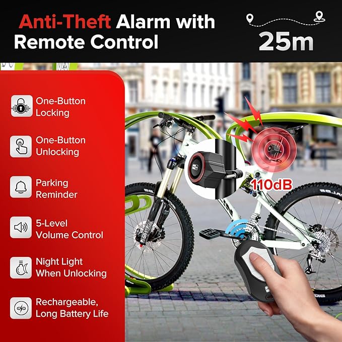 Bike Alarm,110dB Loud Waterproof Wireless E-Bike Alarm with Remote,Anti Theft Alarm Adjustable Volume Motorcycle Wireless Motion Sensor Alarm for Bicycle, Ebike,Ebike Accessories