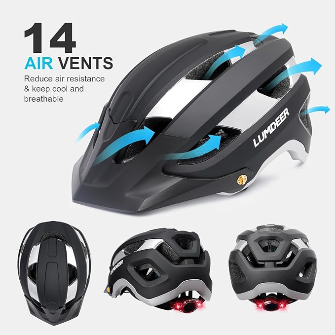 LUMDEER Bike Helmet for Adults - Mountain Bicycle Helmet with Rechargeable Light, Airflow Visor, Lightweight Ajustable Biking Helmet for Men Women