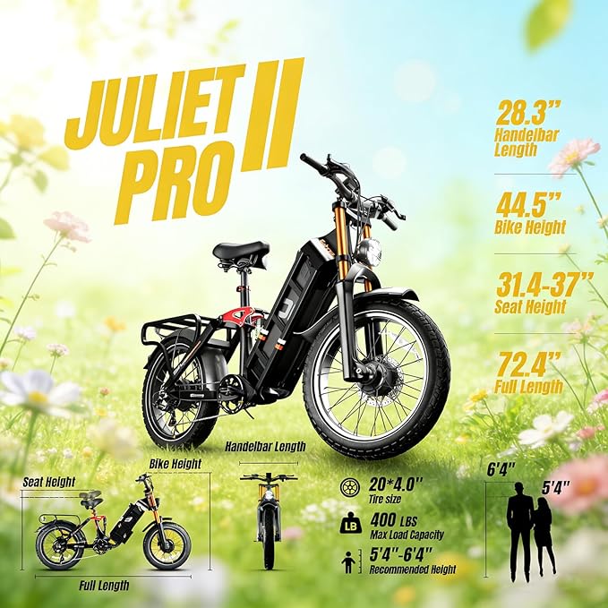 eAhora 2026 Latest Juliet Pro 2 5400W Dual Motor Electric Bike for Adults 43MPH 60V 70Ah 220+Miles Long Range Electric Bicycle 20" Fat Tire Full Suspension Mountain E-Bike All Terrain APP Control