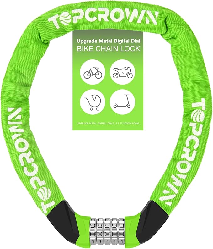 Bike Chain Lock Upgrade Metal Digital Dials 3.2Ft Long High Security Heavy Duty Anti Theft, 5 Digit Combination Keyless Bicycle Lock for Bike/Electric Scooter/Ebike/Motorcycle(Neon Green)