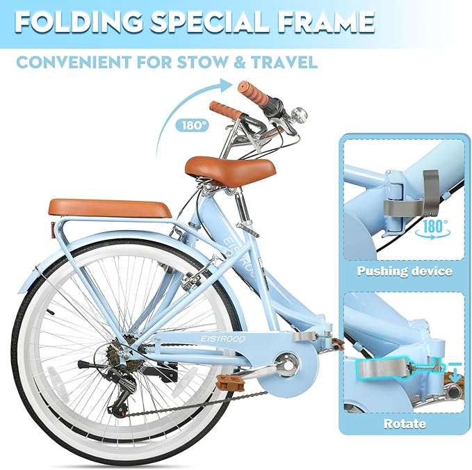 26Inch Foldable Beach Cruiser Bike for Women, Womens Folding Bike with Basket, 7 Speed Hybird Commute Bicycles with Cushion, V-Brakes, Quick Install for Adults, Womens (Blue)