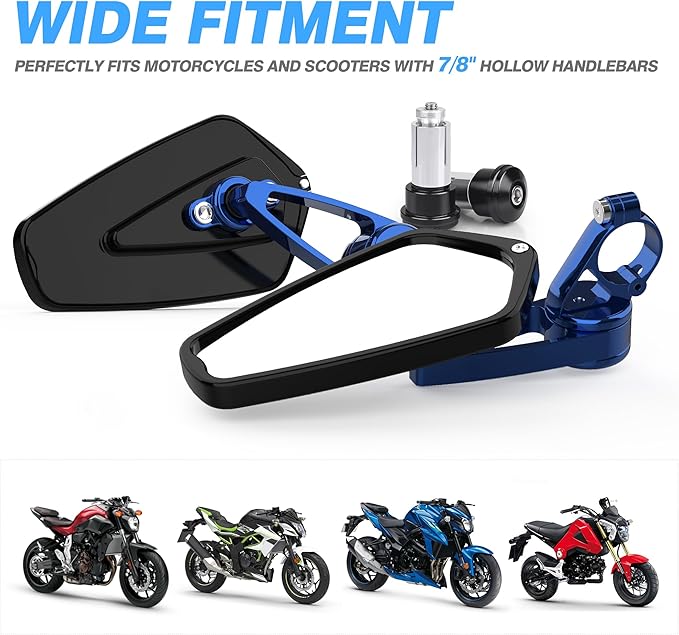MICTUNING CNC Motorcycle Mirrors - 7/8" (22mm) Bar End Rear View Mirrors Compatible with Most Honda Grom, Yamaha, Kawasaki, Ducati, Suzuki and More - Blue