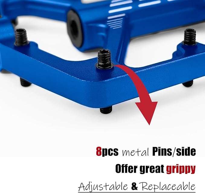 MTB Pedals Flat, Gravel Bike Pedals Flat, Light CNC Aluminum Alloy Platform Pedal w 3 Bearings Cr-Mo Spindle, Grippy Bicycle Pedals w 16pcs Pins, Mountain Bike Pedals Adult Child BMX Bike 9/16"