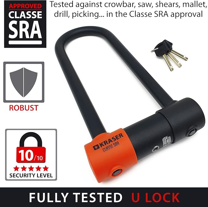 KRASER KR85M Robust U Lock, SRA Approved, High Security Tested, 85X250mm/3.34x9.84in ø18mm/0.7in Double Locking Shackle, Anti-Pick Lock, Anti Theft U Lock for Motorcycle, Scooter, Electric Bike