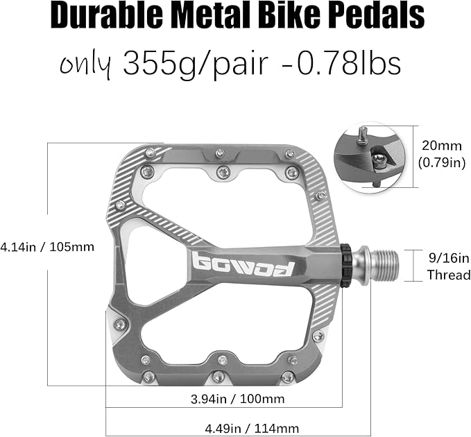Bike Pedals Mountain Bike Adult, Light MTB Flat Pedals Grippy w 20pcs Non-Slip Studs, Glass Fiber Nylon Composite Platform Pedals w Cr-Mo Axel, 9/16" BMX Road Cruiser Gravel Bicycle Pedals