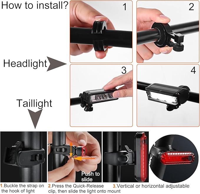 Bike Light Set for Night Riding,Bright Rechargeable Bicycle Headlight Set High Beam Low Beam,USB LED Bicycle Light,Waterproof Bike Headlight and Taillight for Adult Kid Mountain