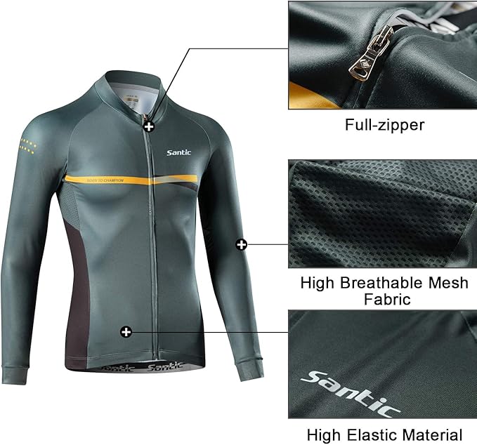 Santic Cycling Jersey Men's Long Sleeve Bike Reflective Full Zip Bicycle Shirts with Pockets