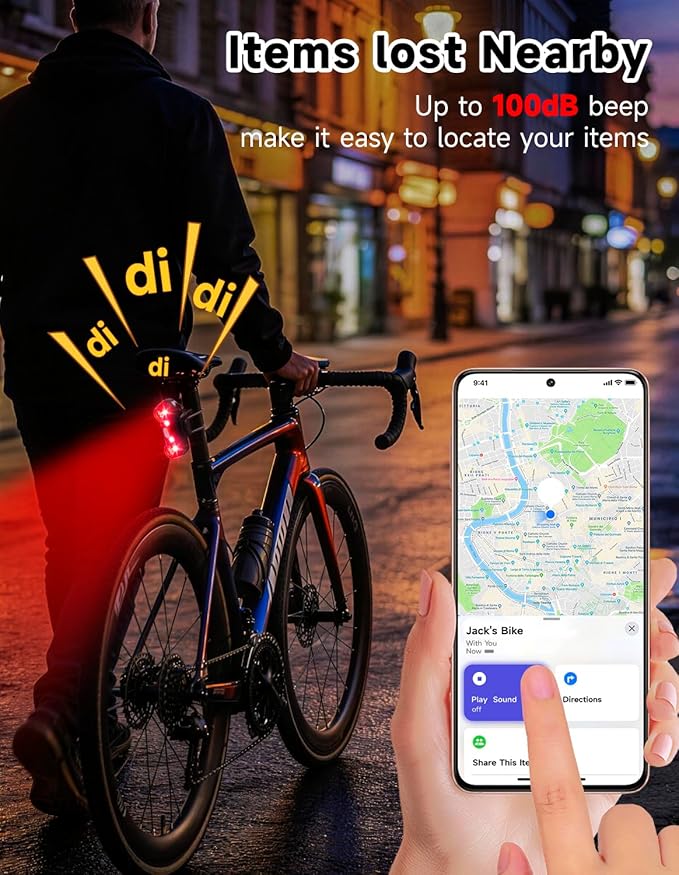 Bright Rear Bike Light with Built-in Hidden Anti-Theft GPS Tracker (iOS Only), USB-C Rechargeable & Waterproof Safety Bicycle Taillight for Night Cycling, Road & Mountain Bikes, Easy Strap Attachment
