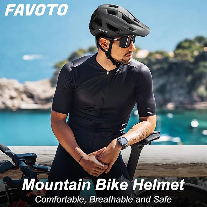 Favoto Adult Mountain Bike Helmet for Men & Women, Magnetic Buckle MTB Helmet with Removable Visor, Lightweight for Commuting & Off-Road Cycling