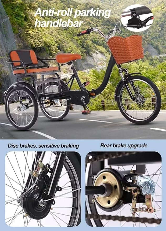 20 inch Folding Tricycle, Outdoor Cruiser Bikes with Passenger seat, 3 Wheel Bike, Large Pedal Tricycles with Inflatable Wheel, Tandem Bicycle, Ride-on trikes for s,Red 20inch