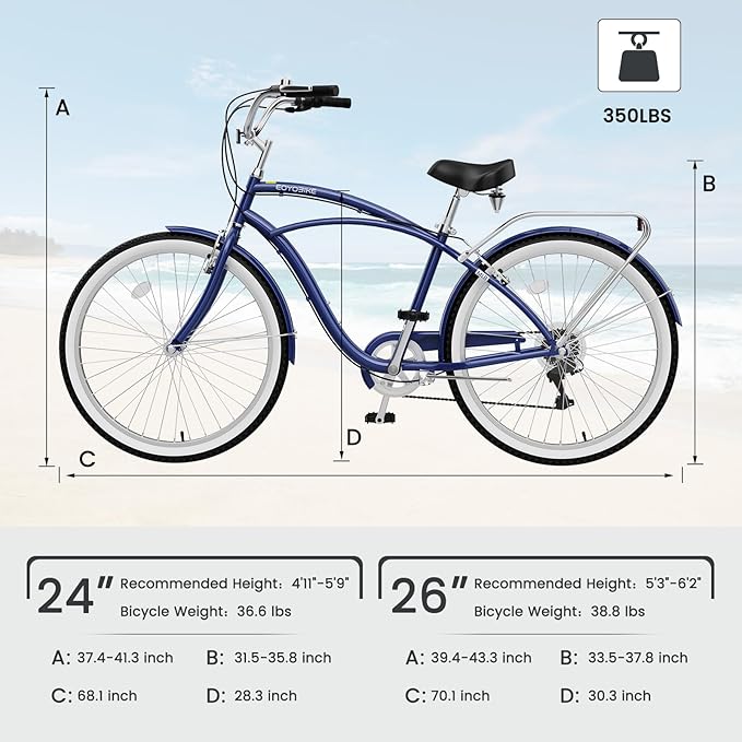 MOPHOTO 24" 26" Adult Bike 7-Speed Beach Cruiser Bike for Adults, Rear Rack, Fenders, Step-Through or Classic Frame
