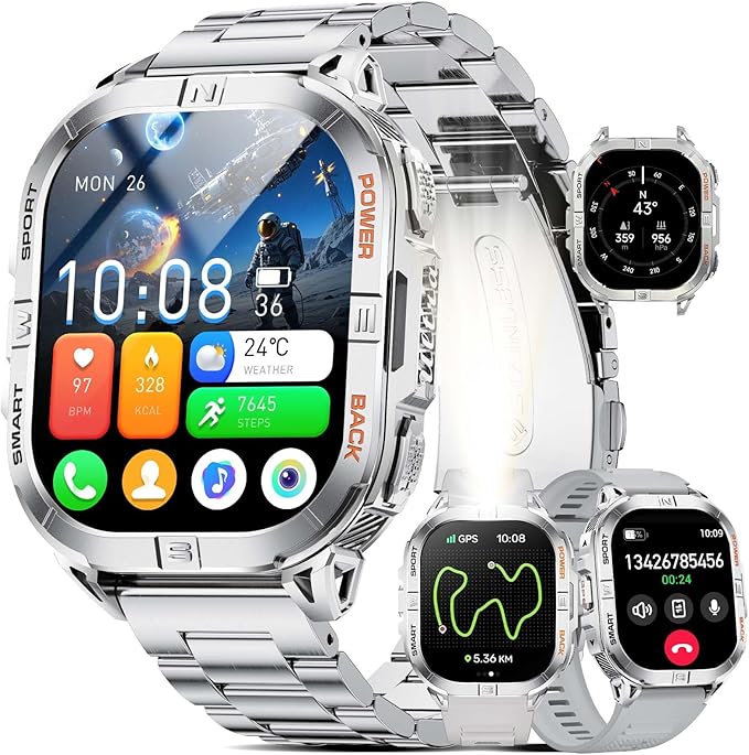 LIGE DM6 GPS Military Smart Watch for Men, 170+ Sport Modes/LED Flashlight/Compass/2.13'' AMOLED Smartwatches, IP68 Waterproof Fitness Watch, 600mAh/Pedometer Smart Watches for Android iOS, Sliver